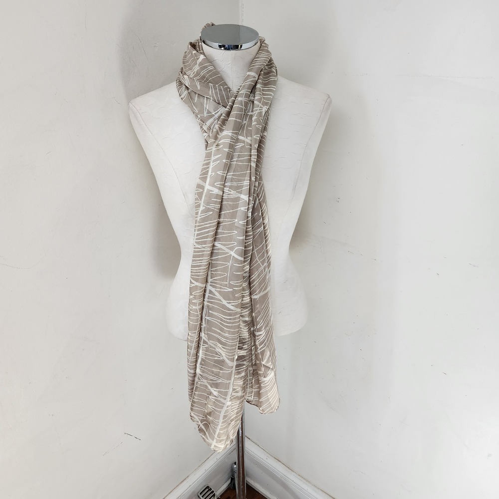 Liberty of London All Silk Scarf Taupe Cream Abstract Linear Print‎ Wrap Luxury